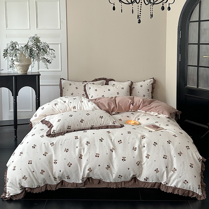 91家纺网 家纺一手货源 找家纺 三朵家纺 2025新款秋冬全棉纯棉加厚磨毛法式花边四件套 朝花夕拾