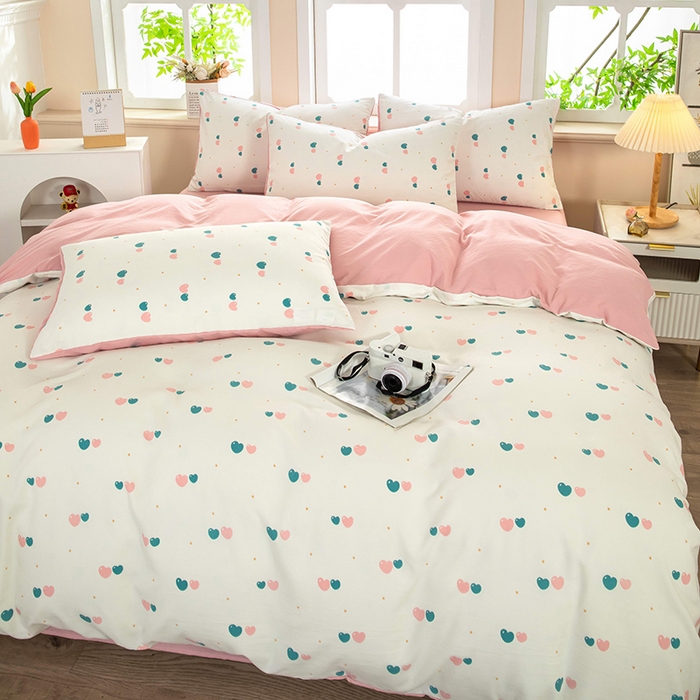 91家纺网 家纺一手货源 找家纺 梦莱家纺 2025新款水洗棉印花单品床笠 双心漫旅