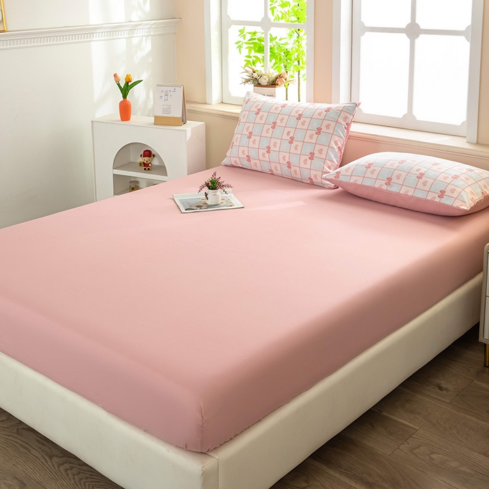 91家纺网 家纺一手货源 找家纺 梦莱家纺 2025新款水洗棉印花单品床笠 粉蓝甜心