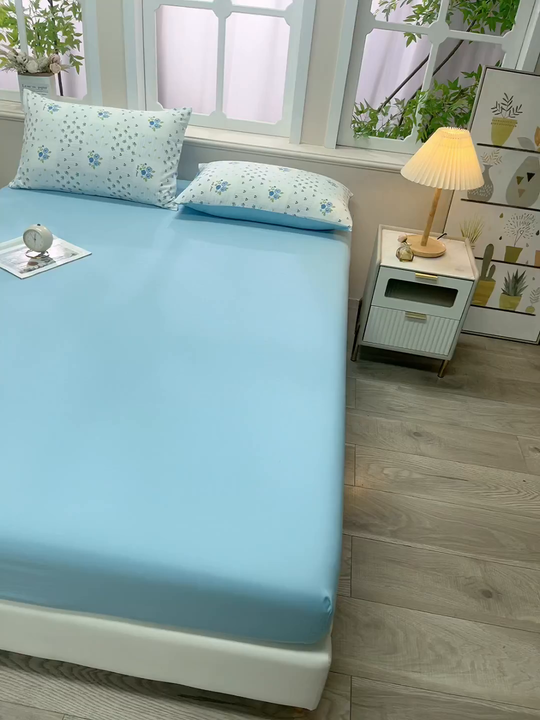 91家纺网 家纺一手货源 找家纺 梦莱家纺 2025新款水洗棉印花单品床笠 蓝玫格影