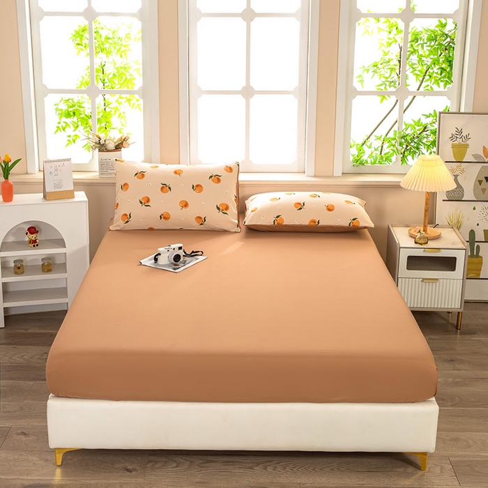 91家纺网 家纺一手货源 找家纺 梦莱家纺 2025新款水洗棉印花单品床笠 浅桃橘影