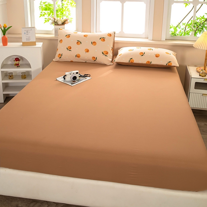 91家纺网 家纺一手货源 找家纺 梦莱家纺 2025新款水洗棉印花单品床笠 浅桃橘影