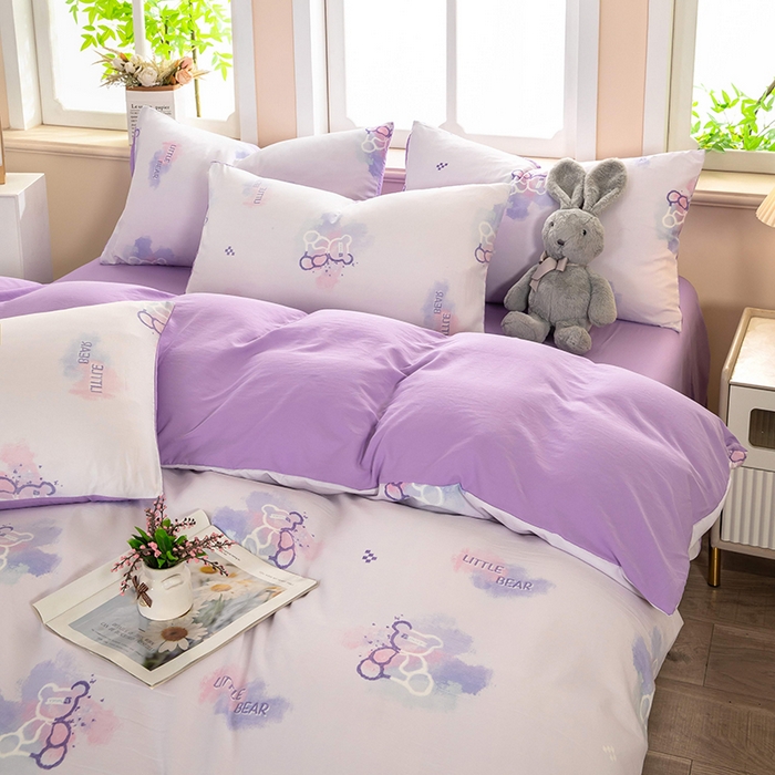 91家纺网 家纺一手货源 找家纺 梦莱家纺 2025新款水洗棉印花单品床笠 幻彩小熊-紫