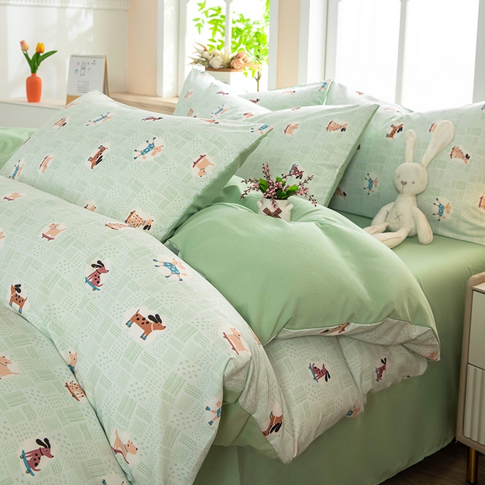 91家纺网 家纺一手货源 找家纺 梦莱家纺 2025新款水洗棉印花单品床笠 萌犬趣行