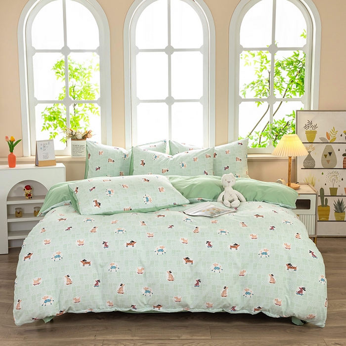 91家纺网 家纺一手货源 找家纺 梦莱家纺 2025新款水洗棉印花单品床笠 萌犬趣行