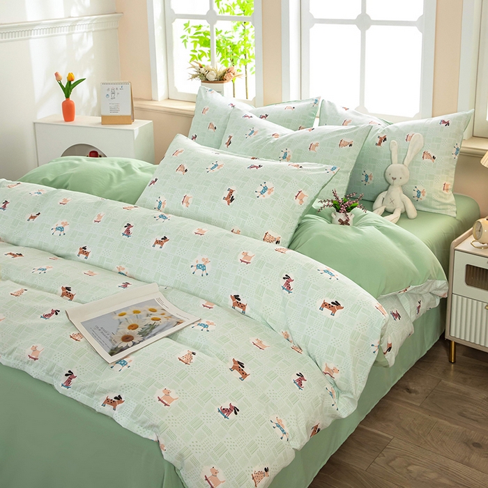 91家纺网 家纺一手货源 找家纺 梦莱家纺 2025新款水洗棉印花单品床笠 萌犬趣行