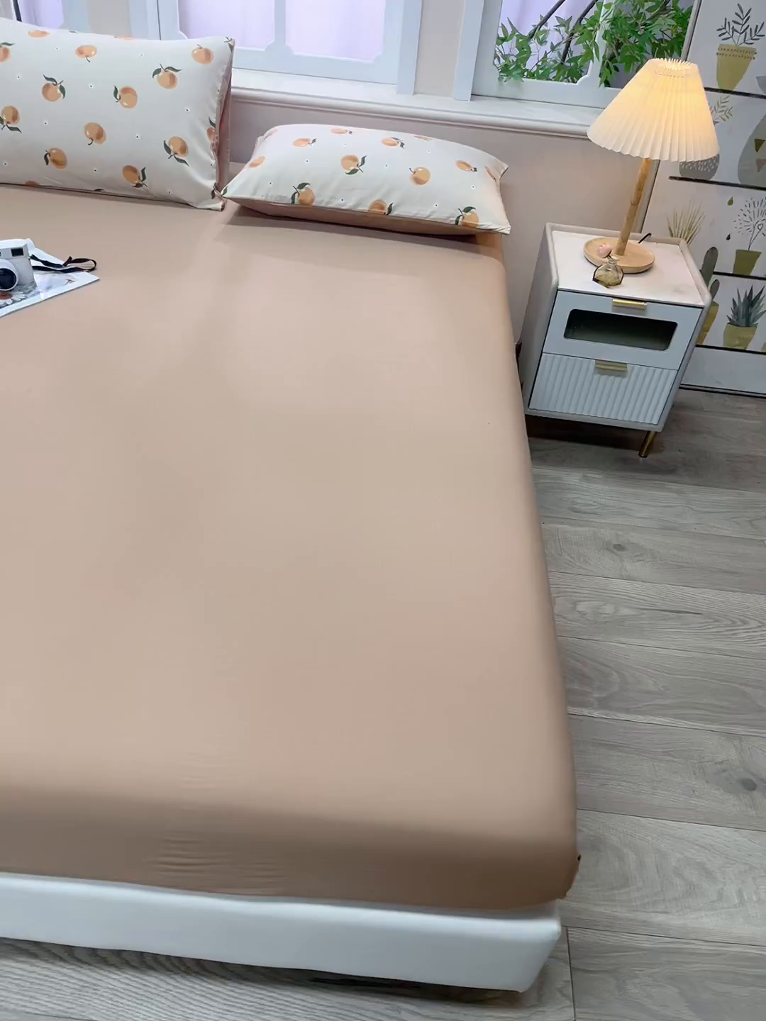 91家纺网 家纺一手货源 找家纺 梦莱家纺 2025新款水洗棉印花单品床笠 浅桃橘影