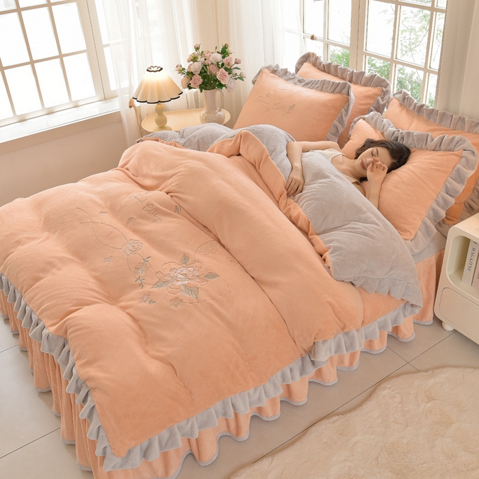 鑫喜莱家纺 2025新款刺绣双层花边牛奶绒四件套（注意控价 标准尺寸156元，实际售价不得低于控价的价格) 花韵-暖玉