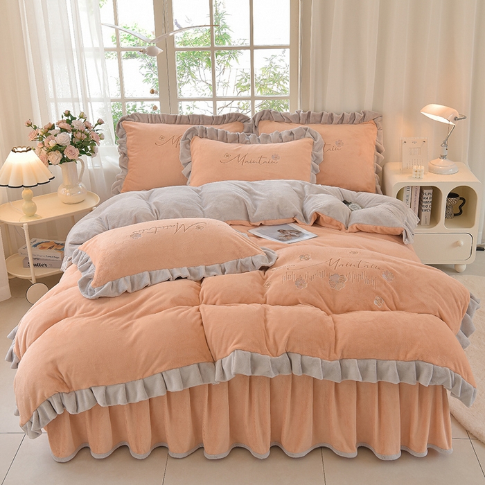 91家纺网 家纺一手货源 找家纺 鑫喜莱家纺 2025新款刺绣双层花边牛奶绒四件套（注意控价 标准尺寸156元，实际售价不得低于控价的价格) 清雅-暖玉