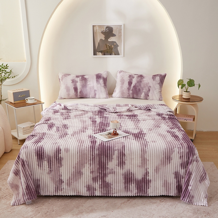 91家纺网 家纺一手货源 找家纺 楼兰公主 2025新款跨境外贸扎染兔毛抽条保暖加厚盖毯毛毯毯子-印花系列 雾紫