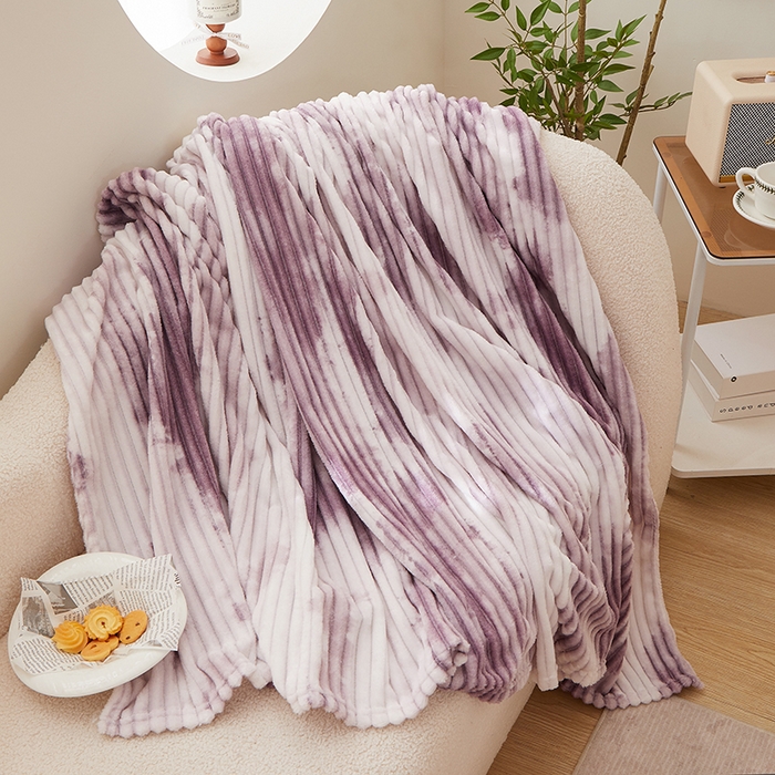楼兰公主 2025新款跨境外贸扎染兔毛抽条保暖加厚盖毯毛毯毯子-印花系列 雾紫