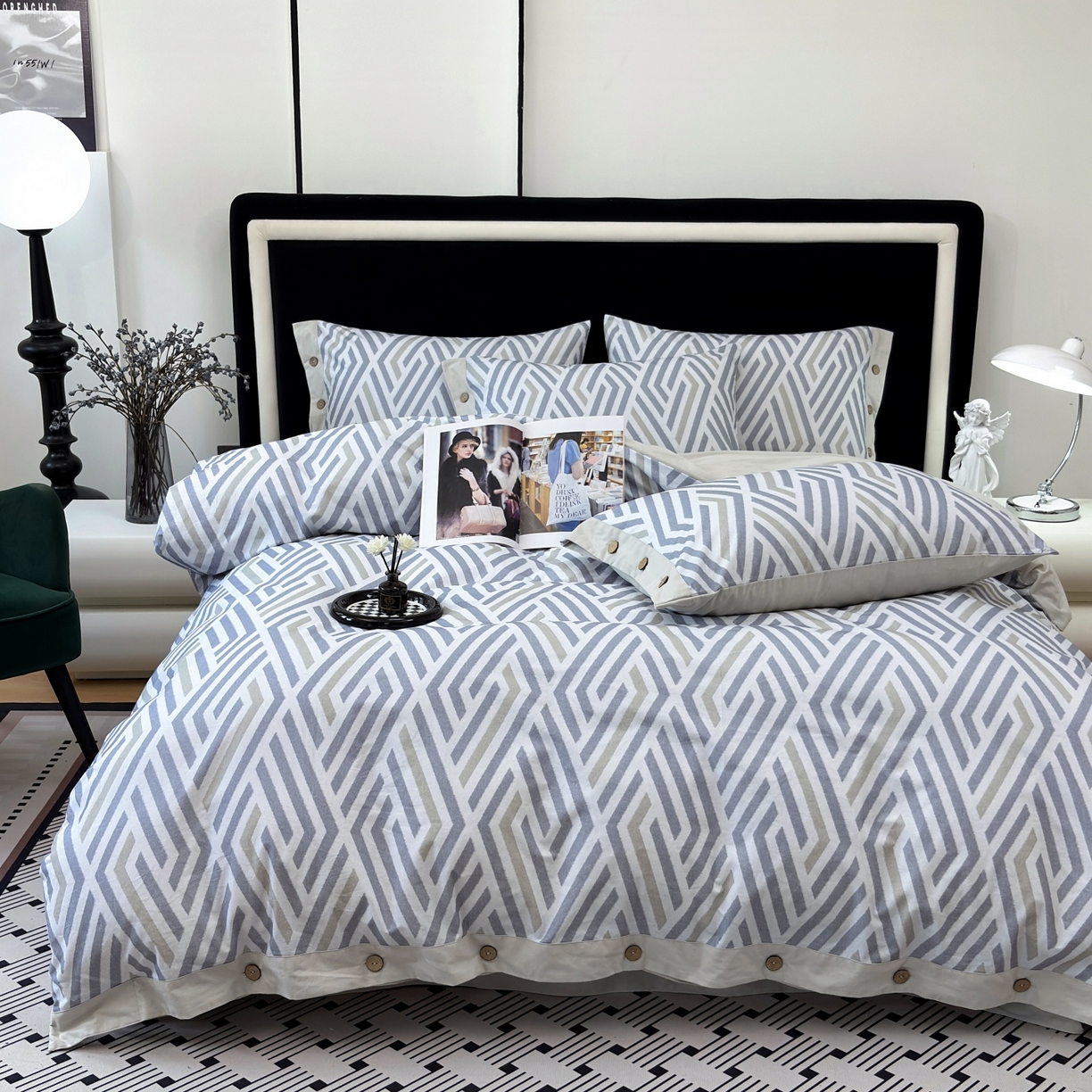 91家纺网 家纺一手货源 找家纺 未来家居 2025秋冬新款全棉加厚磨毛纽扣工艺四件套 曼尼-灰