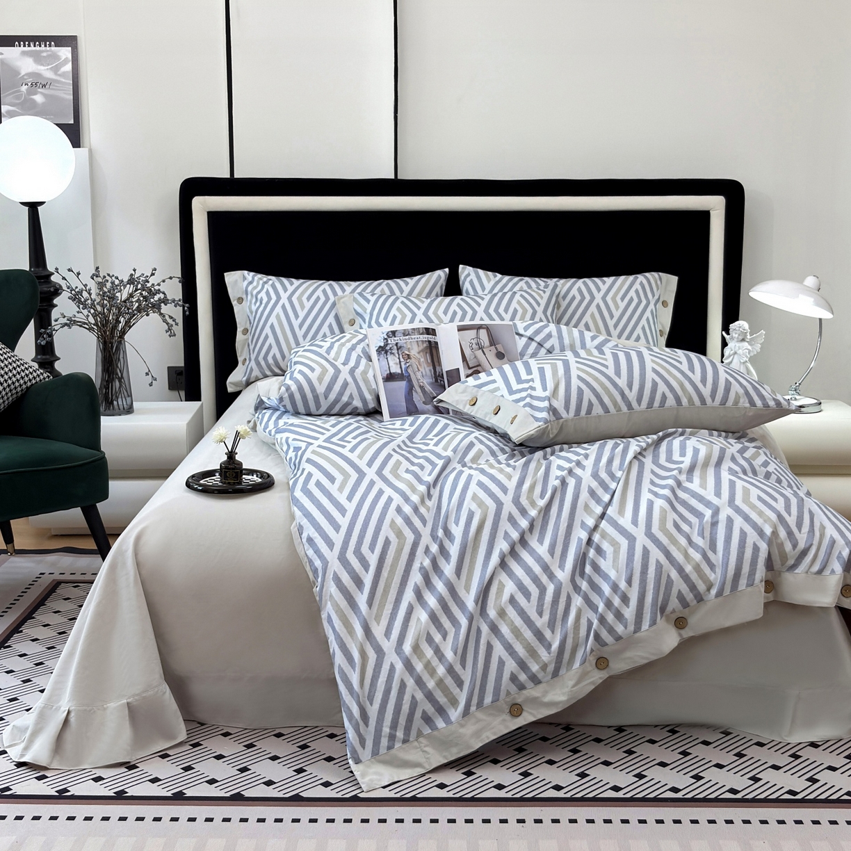 91家纺网 家纺一手货源 找家纺 未来家居 2025秋冬新款全棉加厚磨毛纽扣工艺四件套 曼尼-灰