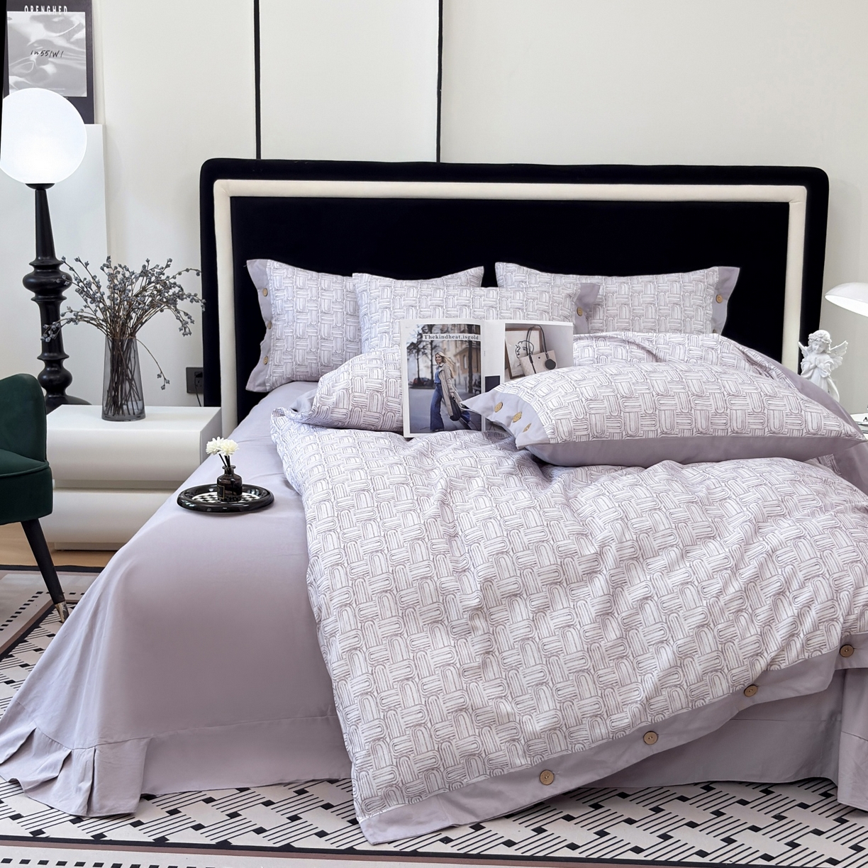 91家纺网 家纺一手货源 找家纺 未来家居 2025秋冬新款全棉加厚磨毛纽扣工艺四件套 浅行-紫