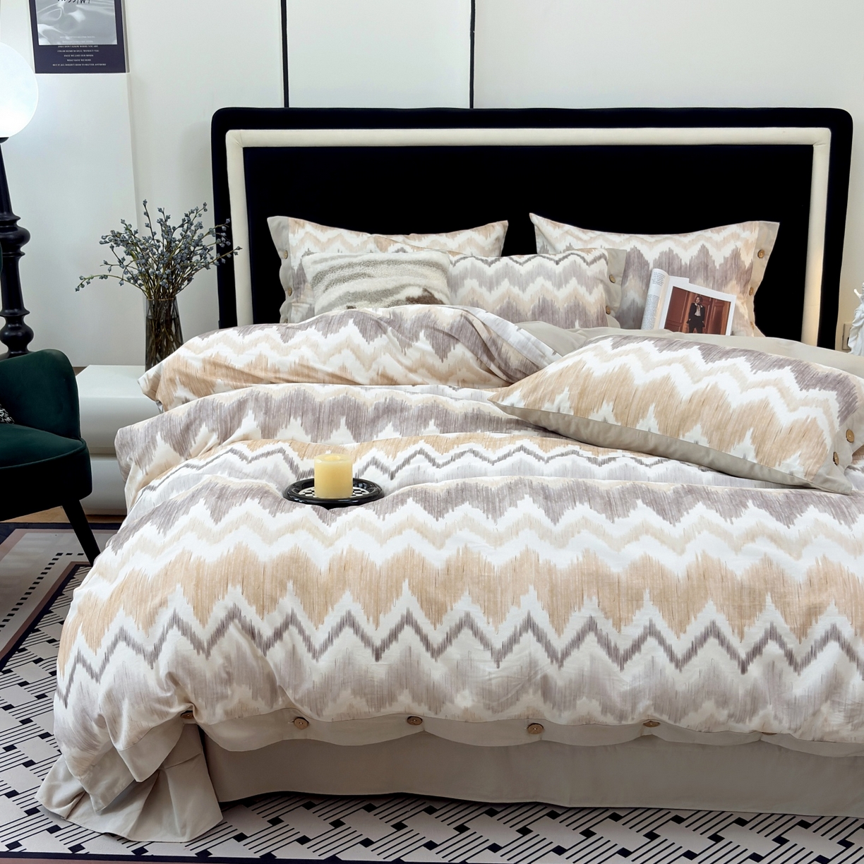 91家纺网 家纺一手货源 找家纺 未来家居 2025秋冬新款全棉加厚磨毛纽扣工艺四件套 雾岛叙事-卡其