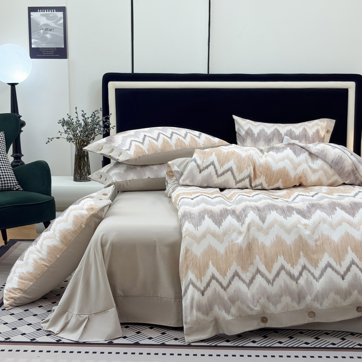 91家纺网 家纺一手货源 找家纺 未来家居 2025秋冬新款全棉加厚磨毛纽扣工艺四件套 雾岛叙事-卡其