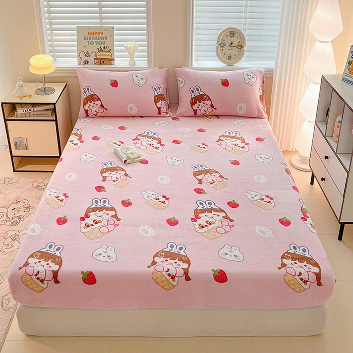 富馨莱2025年新款牛奶绒印花床笠 萌萌女孩