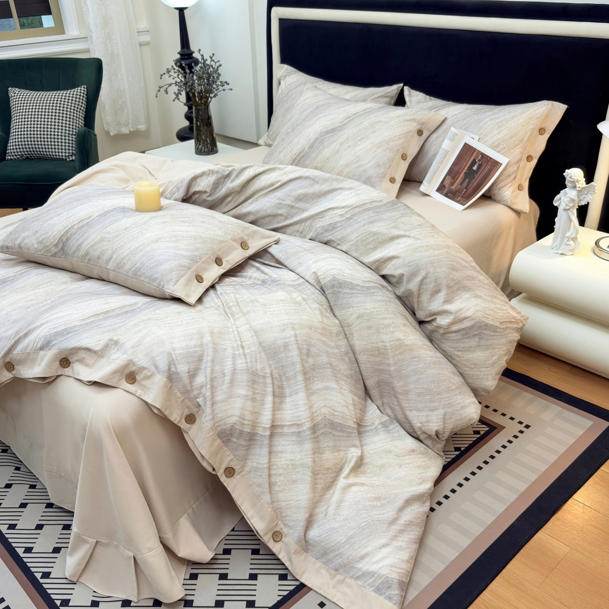 91家纺网 家纺一手货源 找家纺 未来家居 2025秋冬新款全棉加厚磨毛纽扣工艺四件套 烟云灰