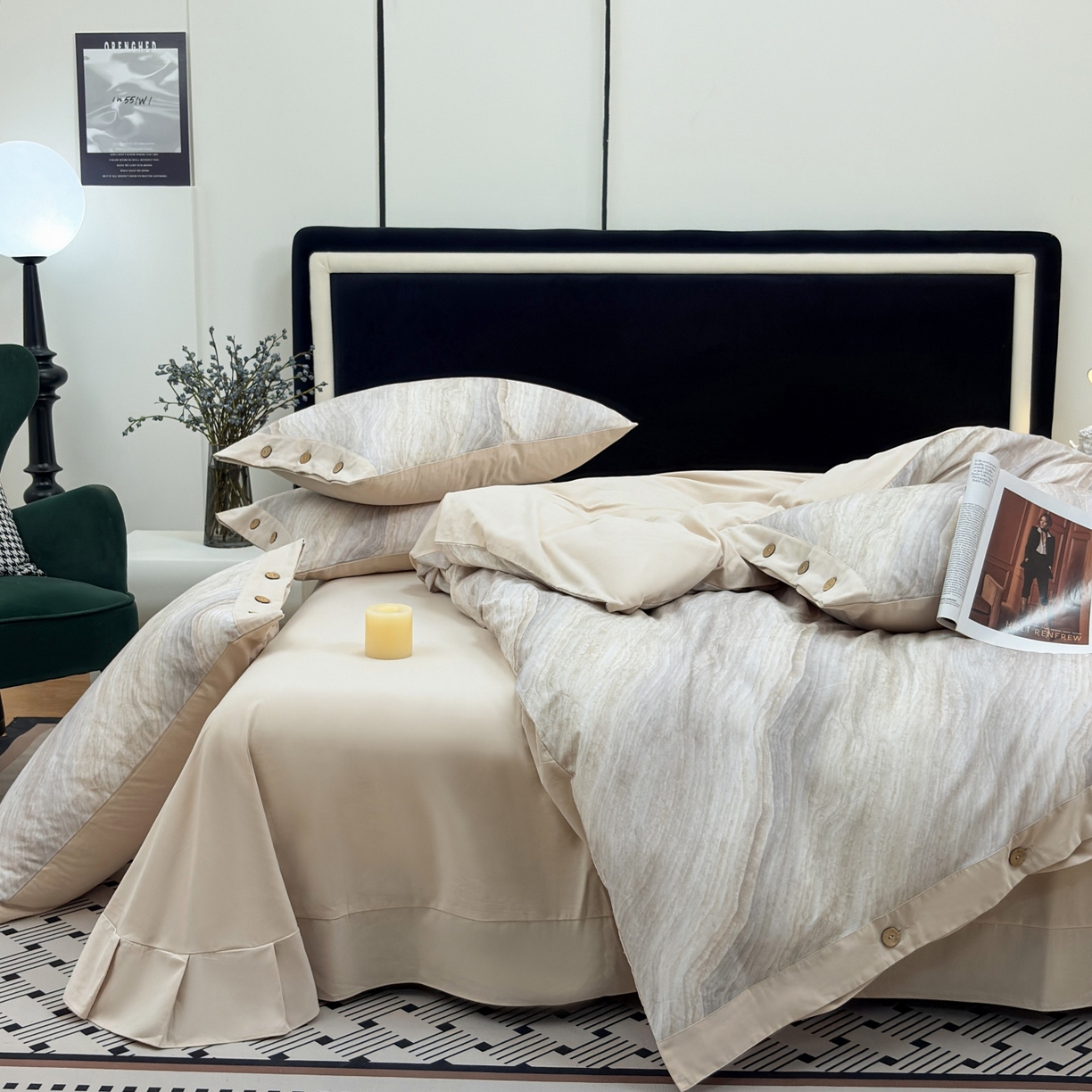 91家纺网 家纺一手货源 找家纺 未来家居 2025秋冬新款全棉加厚磨毛纽扣工艺四件套 烟云灰