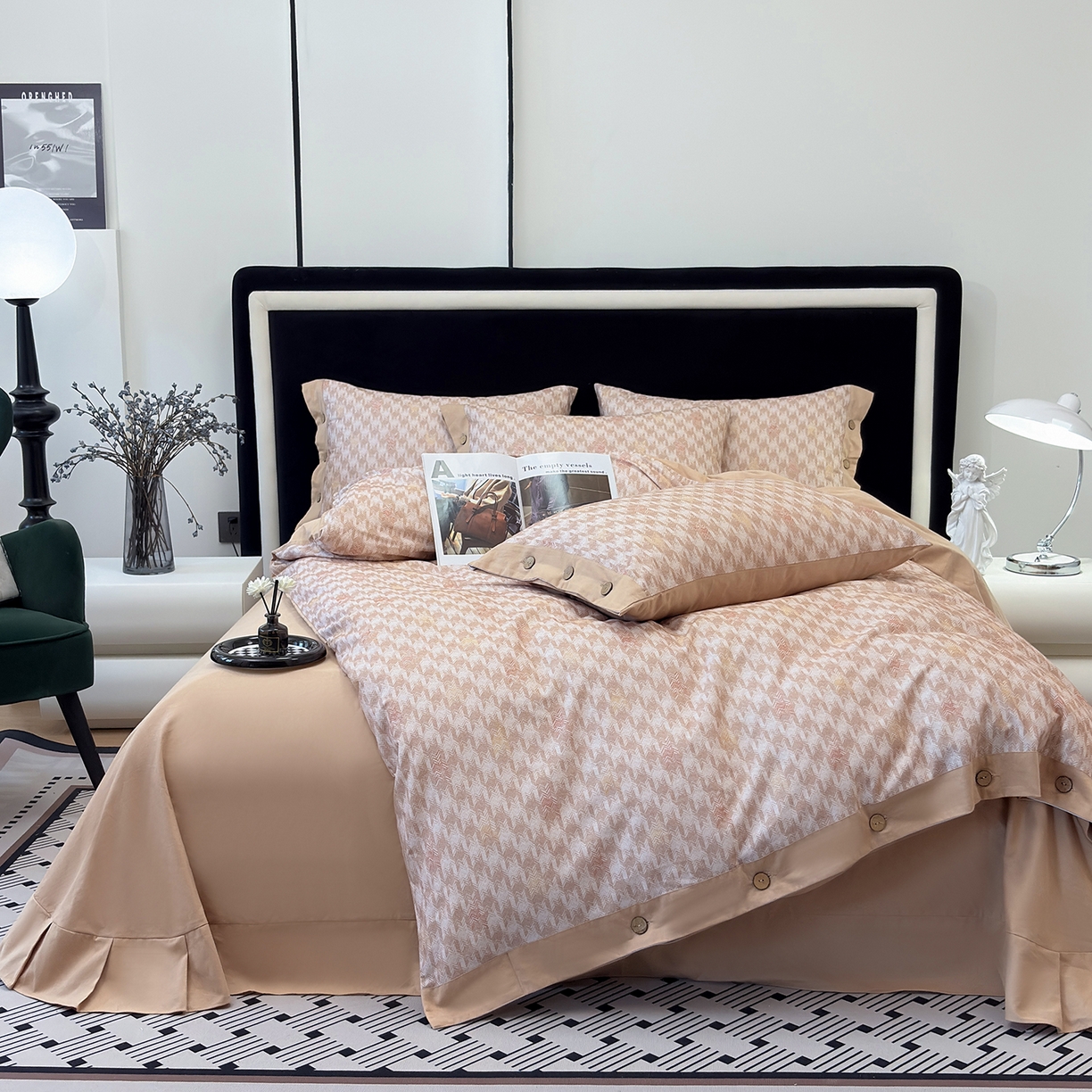 91家纺网 家纺一手货源 找家纺 未来家居 2025秋冬新款全棉加厚磨毛纽扣工艺四件套 拜伦-咖