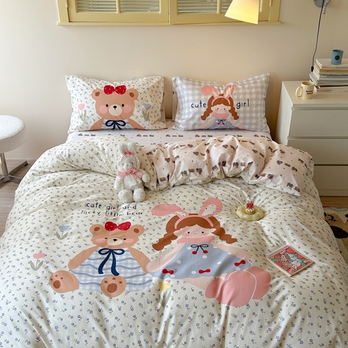 寐居家纺 2025新款亲肤舒适全棉纯棉数码大阪印花四件套 小熊日记