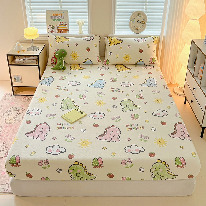 富馨莱2025年新款牛奶绒印花床笠 淘气恐龙