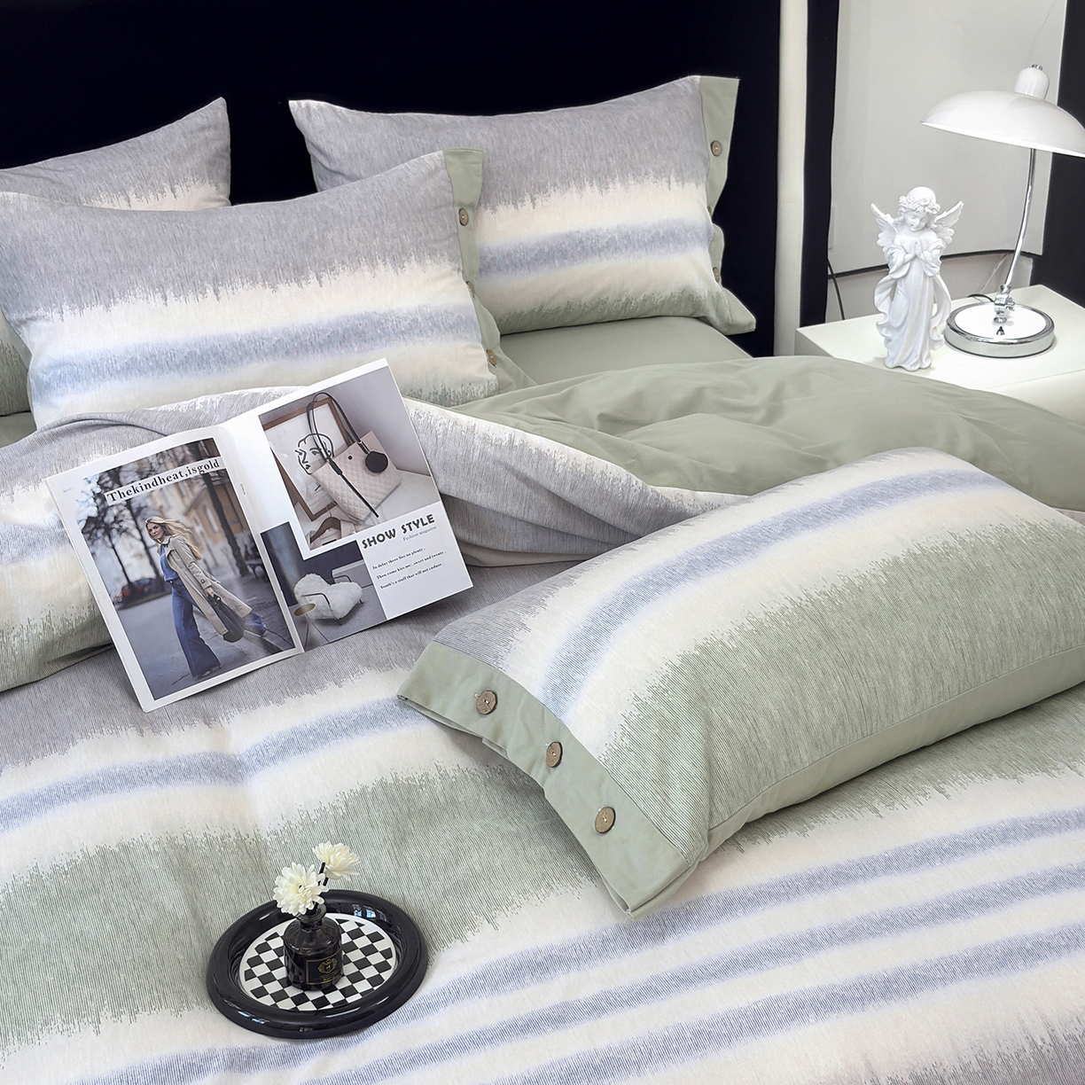 91家纺网 家纺一手货源 找家纺 未来家居 2025秋冬新款全棉加厚磨毛纽扣工艺四件套 暖调-绿