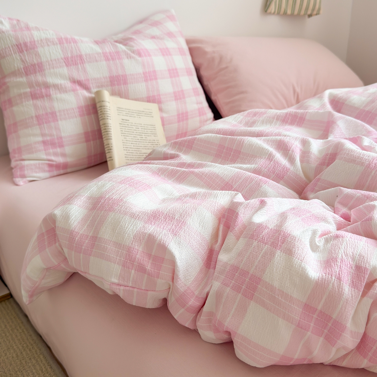 91家纺网 家纺一手货源 找家纺 （总）罗亿家纺 2025新款云感双层纱学生季韩系泡泡棉四件套-米露（小红书推荐）