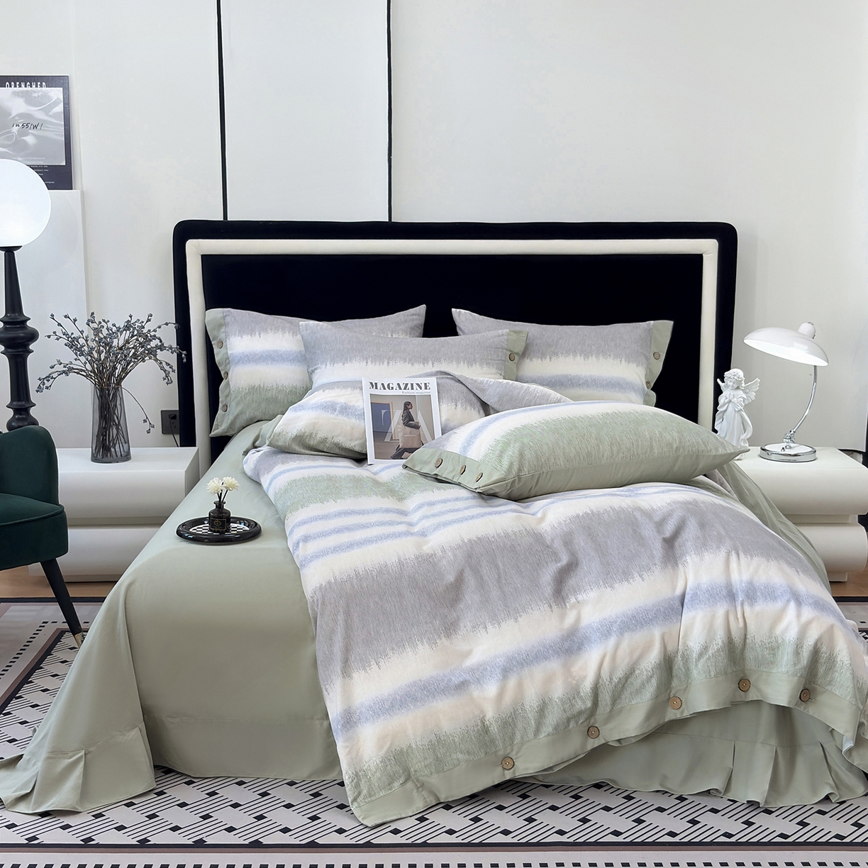 91家纺网 家纺一手货源 找家纺 未来家居 2025秋冬新款全棉加厚磨毛纽扣工艺四件套 暖调-绿