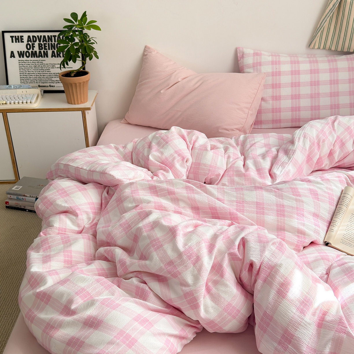 91家纺网 家纺一手货源 找家纺 （总）罗亿家纺 2025新款云感双层纱学生季韩系泡泡棉四件套-米露（小红书推荐）