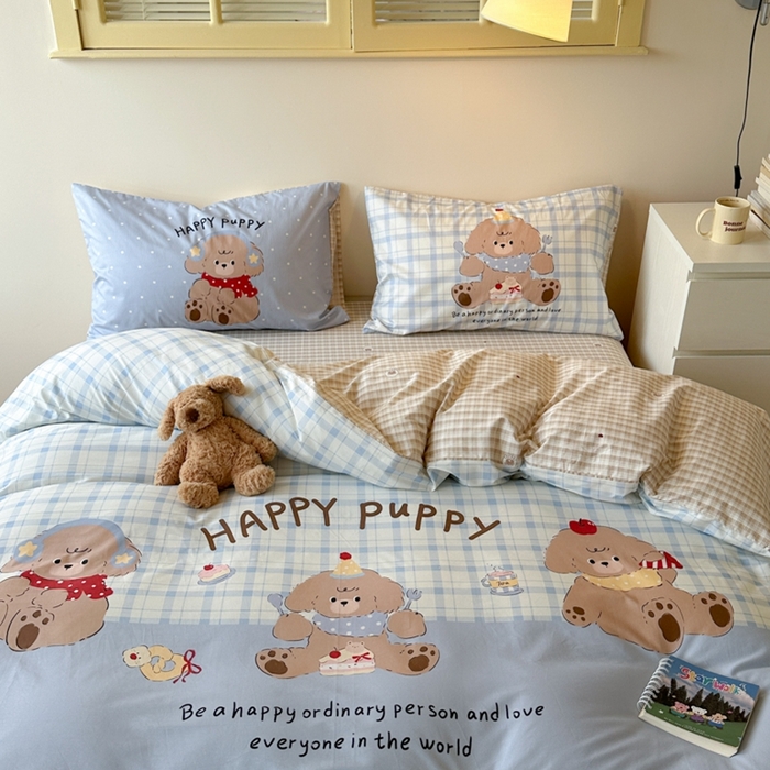 91家纺网 家纺一手货源 找家纺 寐居家纺 2025新款亲肤舒适全棉纯棉数码大阪印花四件套 小狗仔party