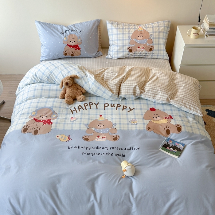 寐居家纺 2025新款亲肤舒适全棉纯棉数码大阪印花四件套 小狗仔party