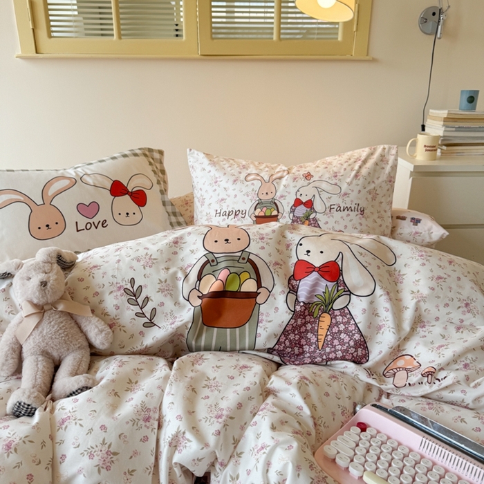 91家纺网 家纺一手货源 找家纺 寐居家纺 2025新款亲肤舒适全棉纯棉数码大阪印花四件套 甜甜兔