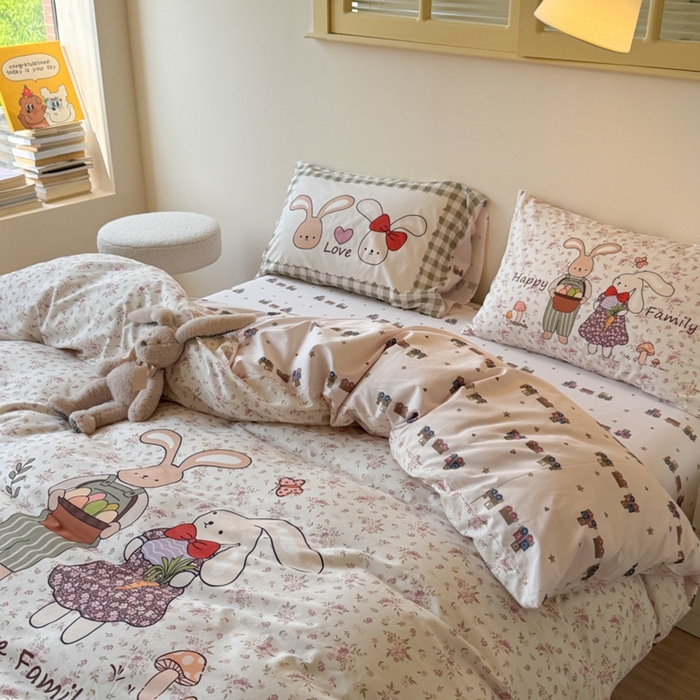91家纺网 家纺一手货源 找家纺 寐居家纺 2025新款亲肤舒适全棉纯棉数码大阪印花四件套 甜甜兔