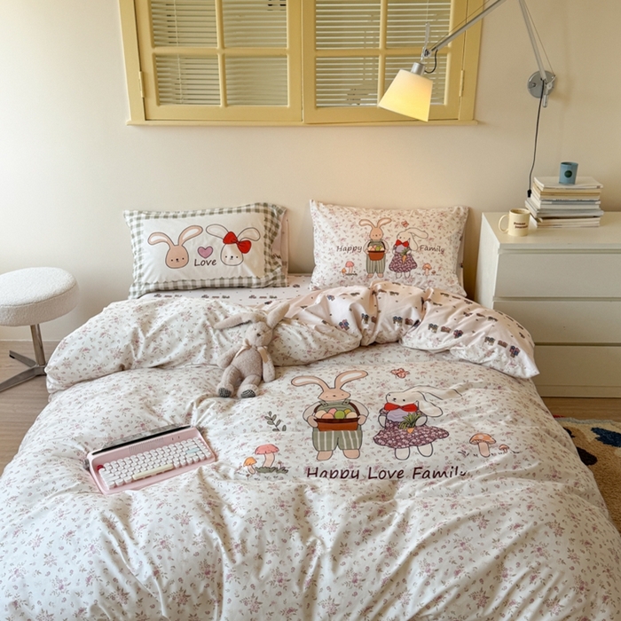 寐居家纺 2025新款亲肤舒适全棉纯棉数码大阪印花四件套 甜甜兔