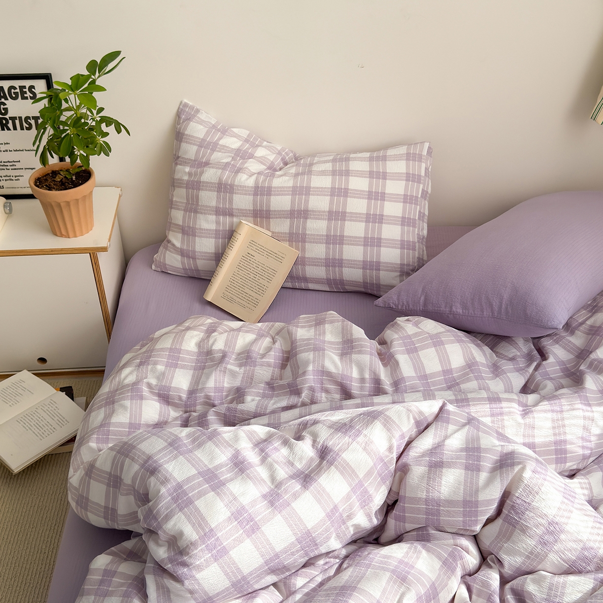 91家纺网 家纺一手货源 找家纺 （总）罗亿家纺 2025新款云感双层纱学生季韩系泡泡棉四件套-米露（小红书推荐）