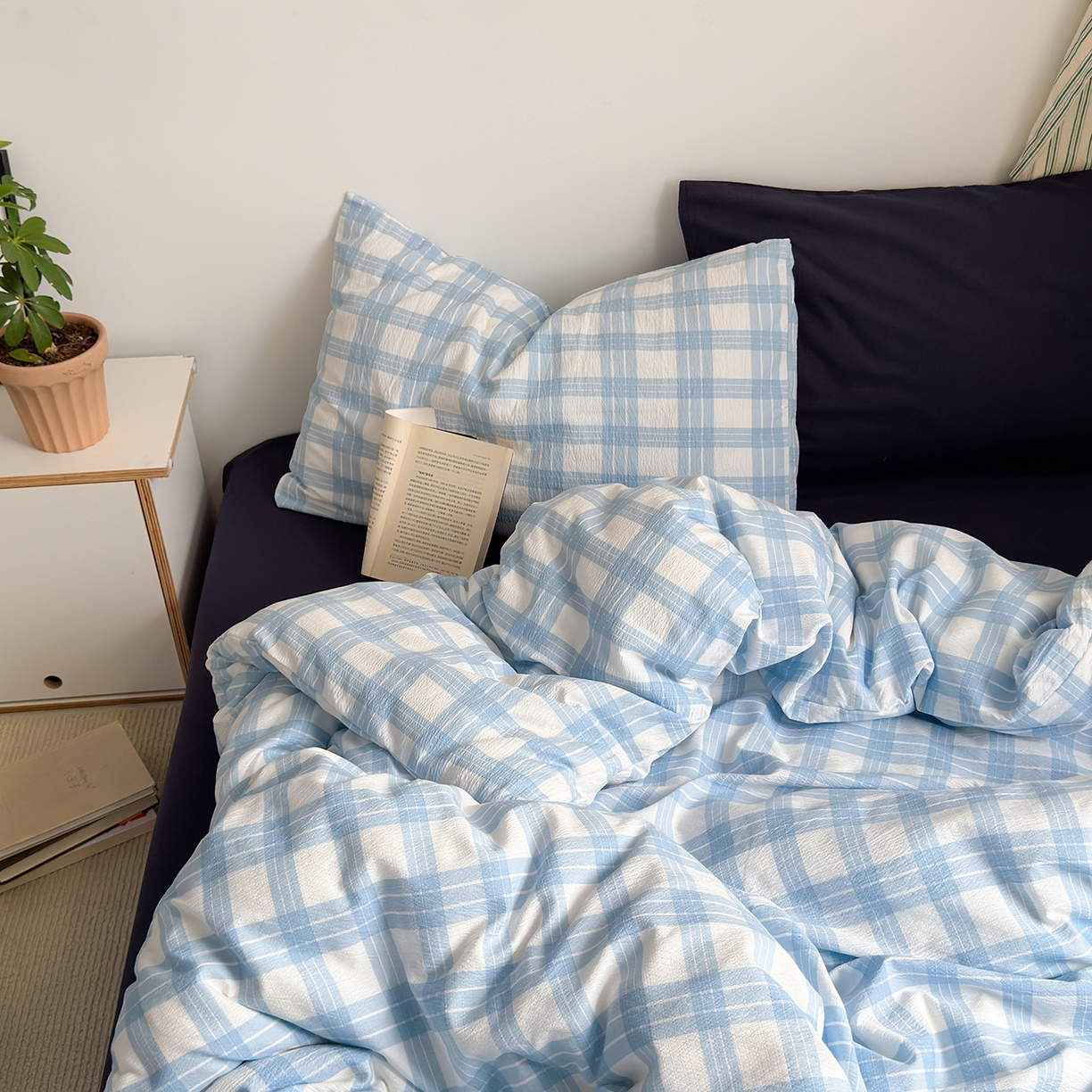 罗亿家纺 2025新款云感双层纱学生季韩系泡泡棉四件套-米露（小红书推荐） 米露-蓝调