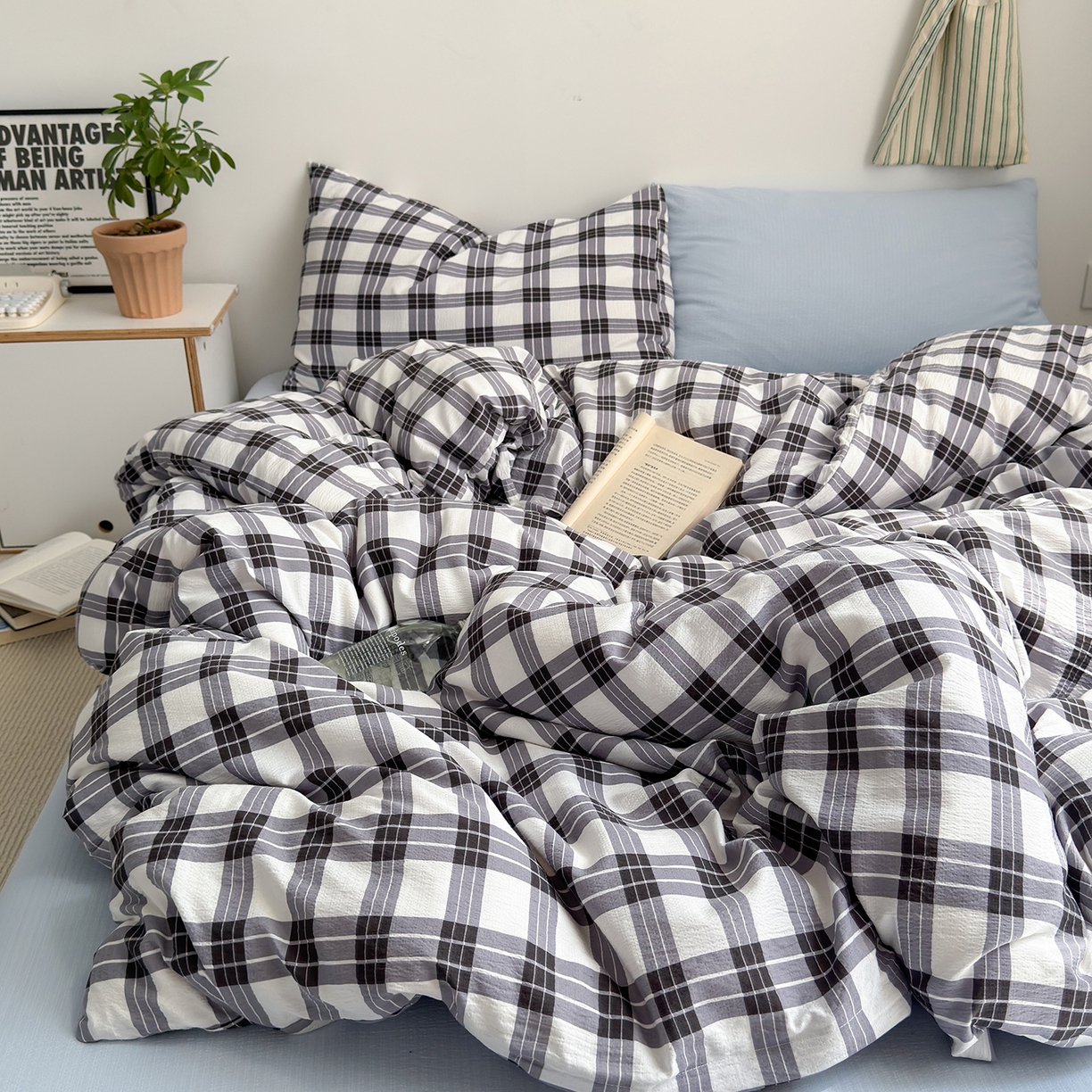 91家纺网 家纺一手货源 找家纺 罗亿家纺 2025新款云感双层纱学生季韩系泡泡棉四件套-米露（小红书推荐） 米露-简兮灰