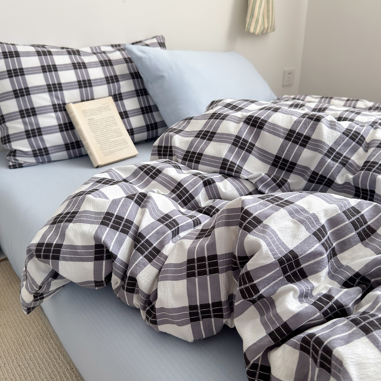 91家纺网 家纺一手货源 找家纺 罗亿家纺 2025新款云感双层纱学生季韩系泡泡棉四件套-米露（小红书推荐） 米露-简兮灰