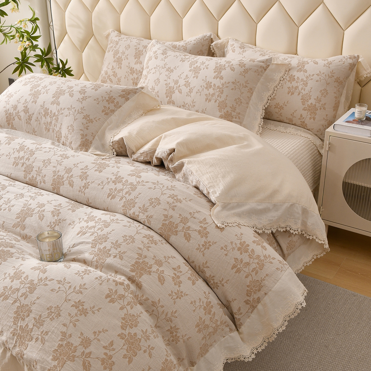 （总）金艾草 2026新款全棉纯棉A类棉麻提花床盖四件套法式大花边四件套