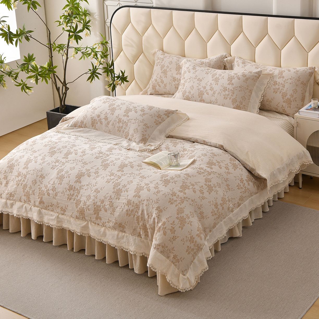 91家纺网 家纺一手货源 找家纺 金艾草 2026新款全棉纯棉A类棉麻提花床盖四件套法式大花边四件套 满园