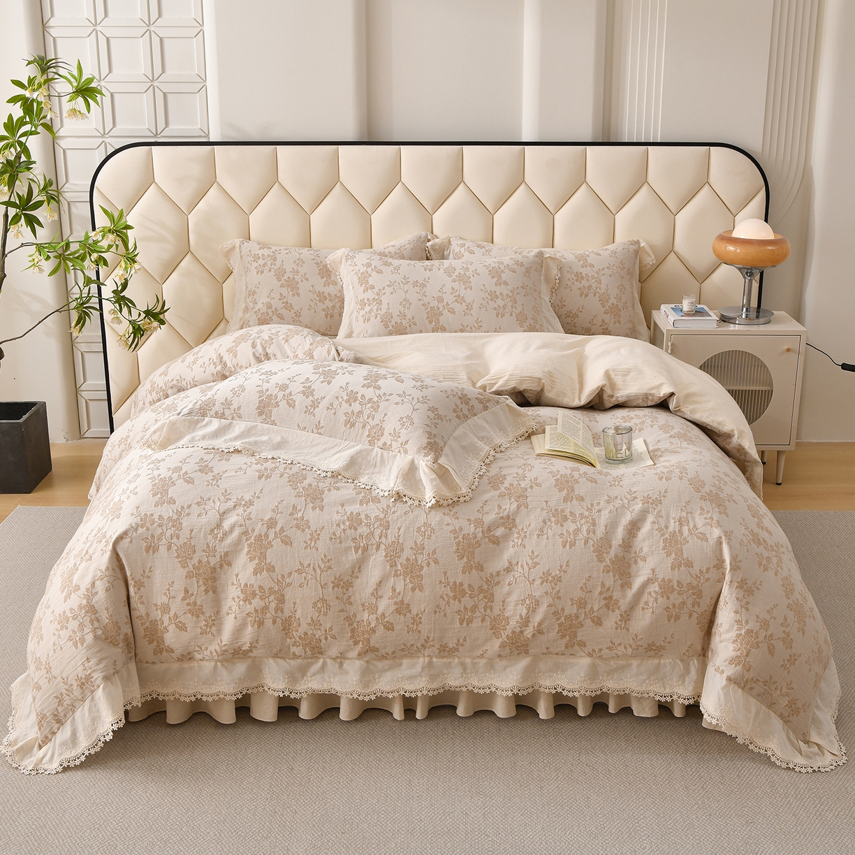 91家纺网 家纺一手货源 找家纺 金艾草 2026新款全棉纯棉A类棉麻提花床盖四件套法式大花边四件套 满园