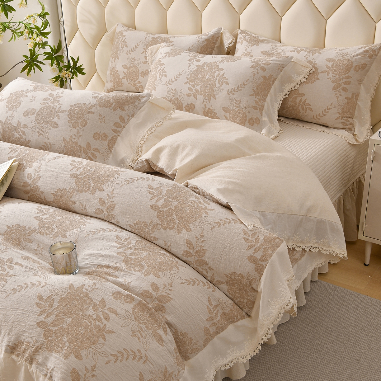 金艾草 2026新款全棉纯棉A类棉麻提花床盖四件套法式大花边四件套 醒梦