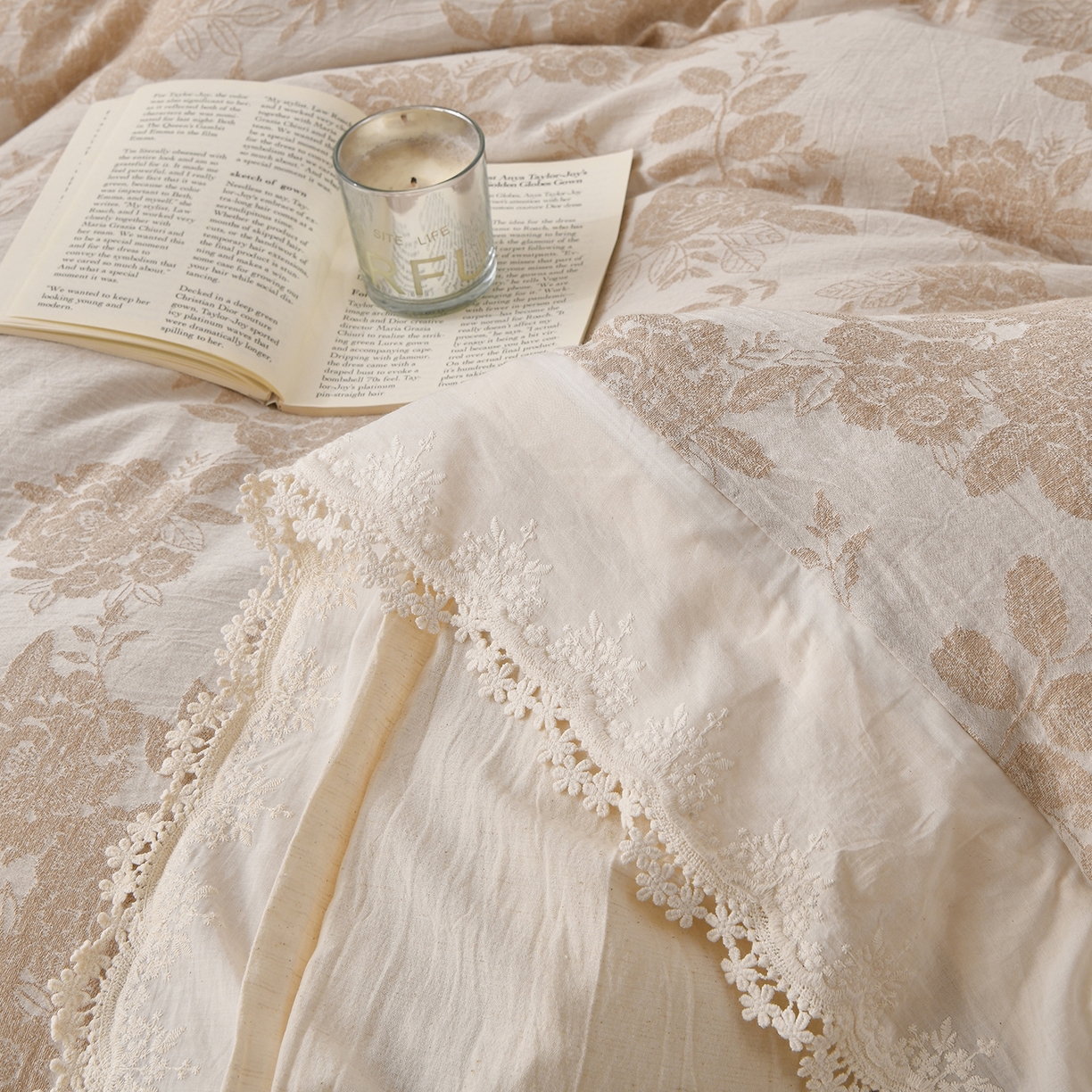 91家纺网 家纺一手货源 找家纺 金艾草 2026新款全棉纯棉A类棉麻提花床盖四件套法式大花边四件套 醒梦