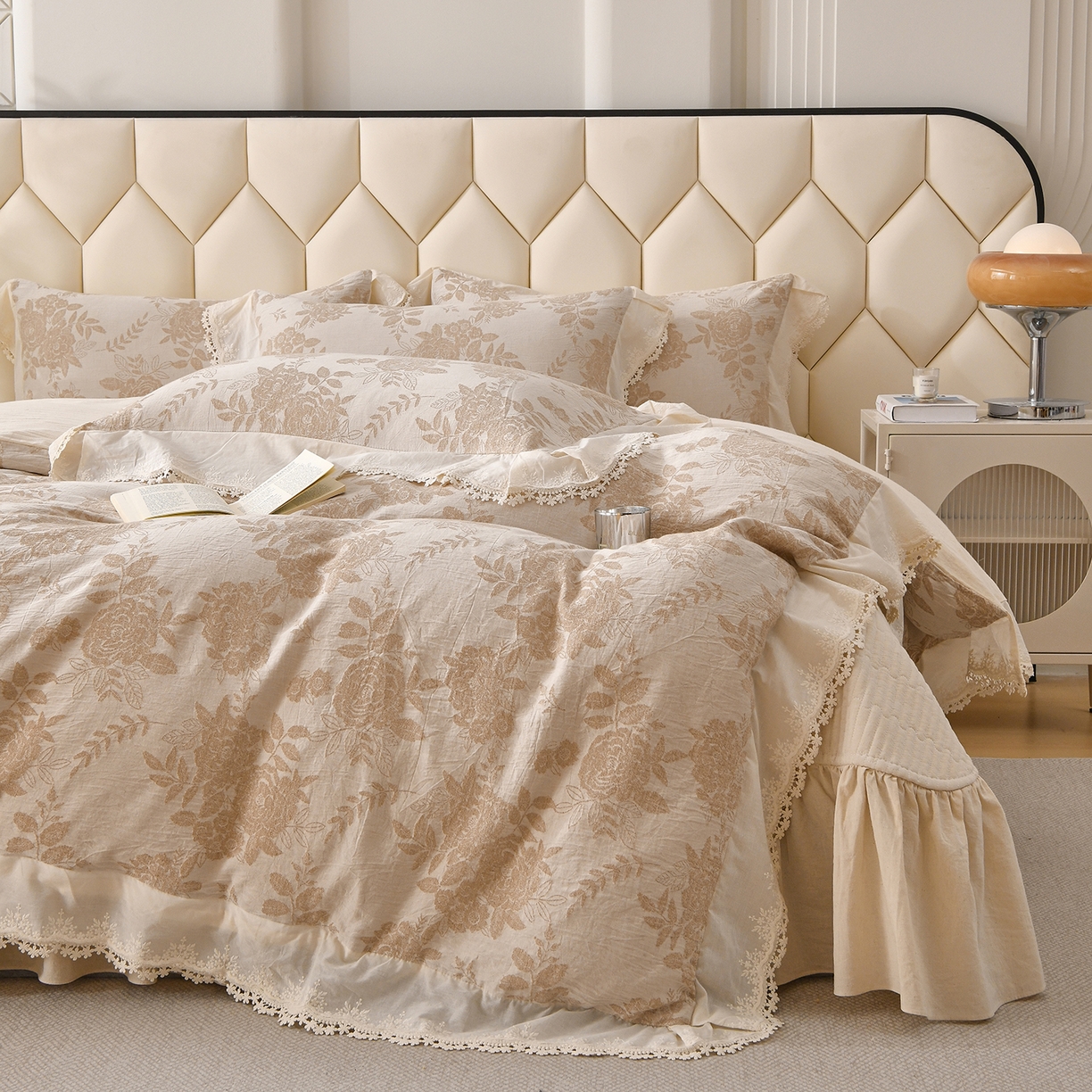 91家纺网 家纺一手货源 找家纺 金艾草 2026新款全棉纯棉A类棉麻提花床盖四件套法式大花边四件套 醒梦