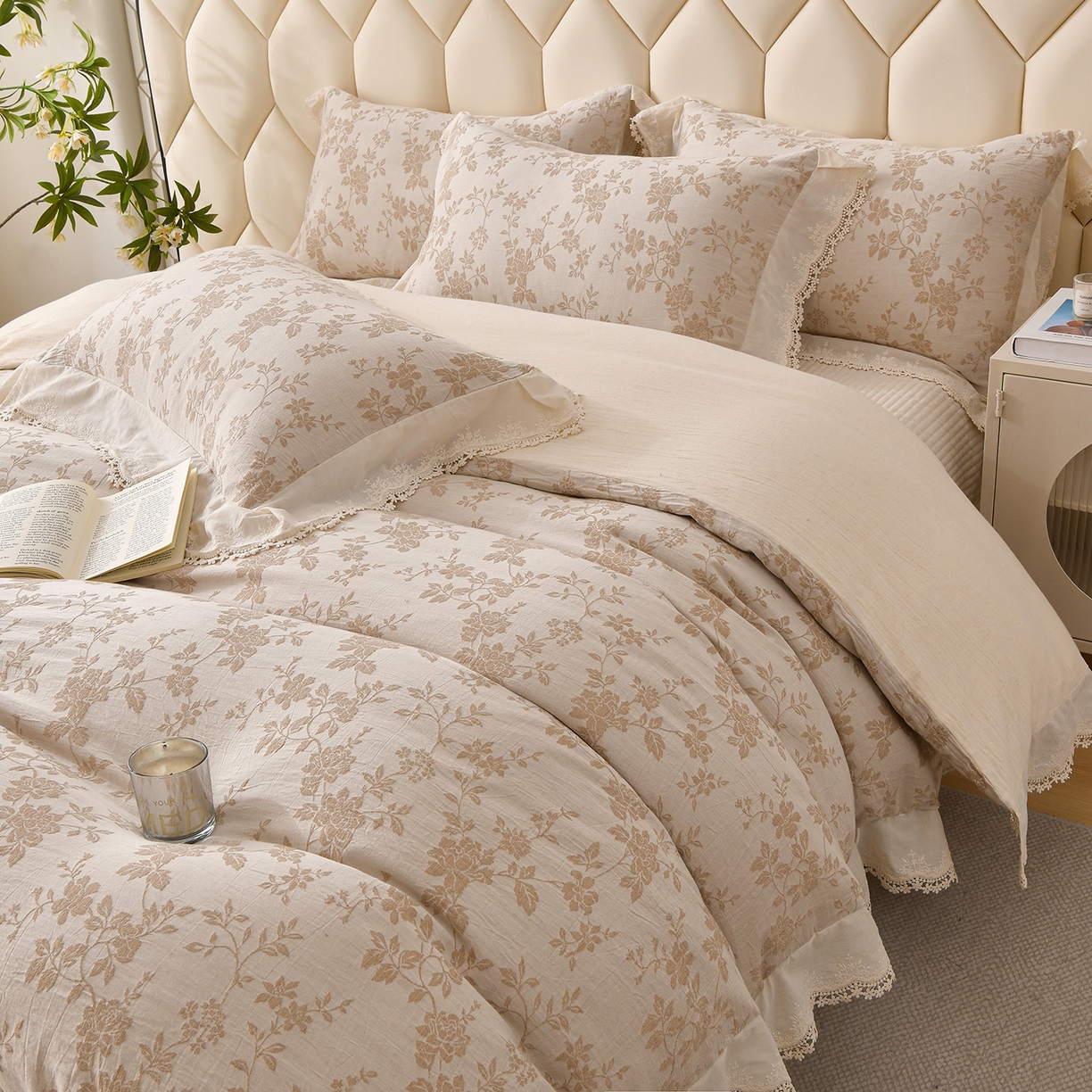 91家纺网 家纺一手货源 找家纺 （总）金艾草 2026新款全棉纯棉A类棉麻提花床盖四件套法式大花边四件套