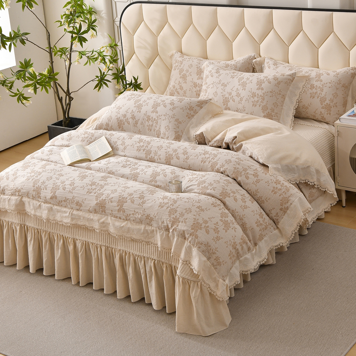 91家纺网 家纺一手货源 找家纺 （总）金艾草 2026新款全棉纯棉A类棉麻提花床盖四件套法式大花边四件套