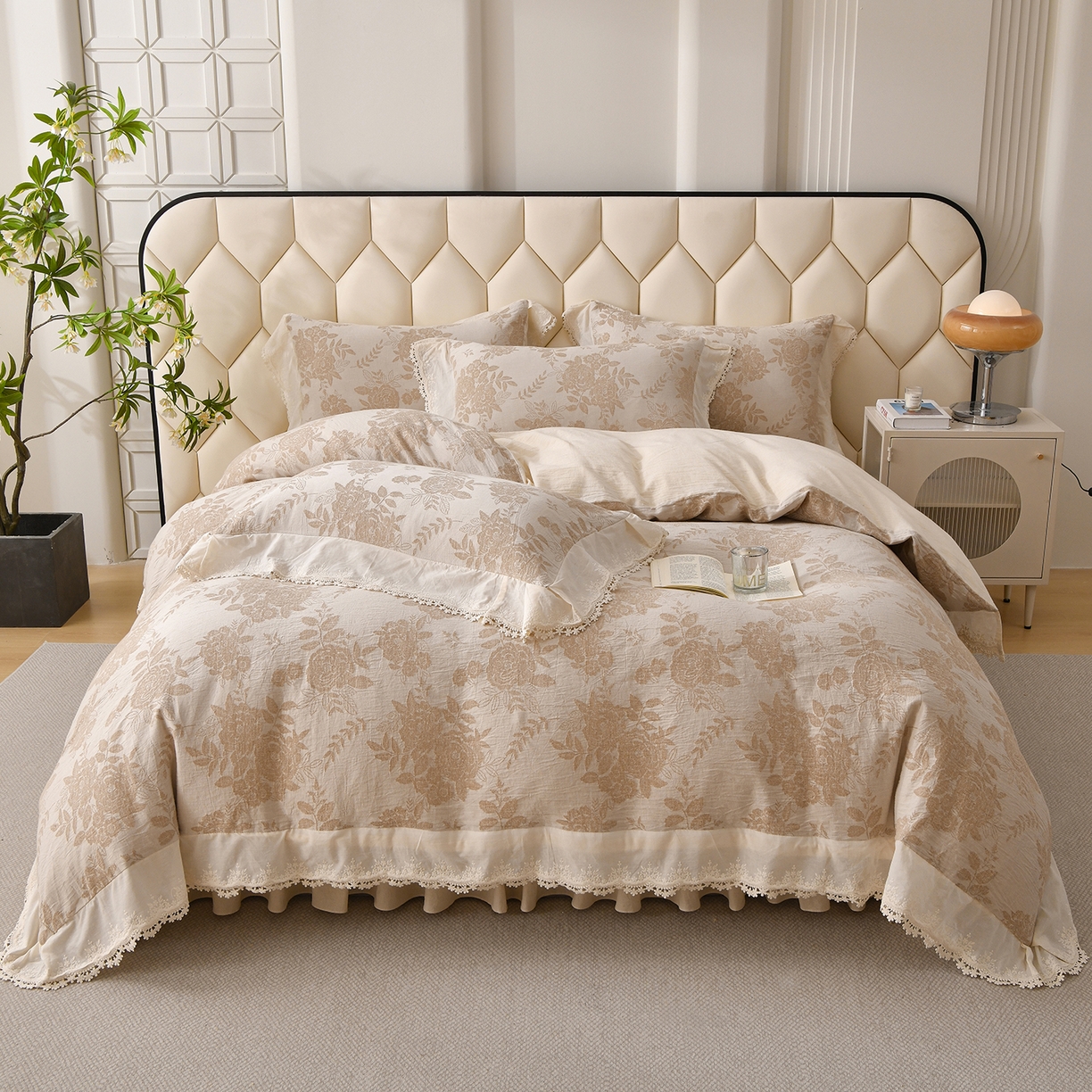 91家纺网 家纺一手货源 找家纺 金艾草 2026新款全棉纯棉A类棉麻提花床盖四件套法式大花边四件套 醒梦