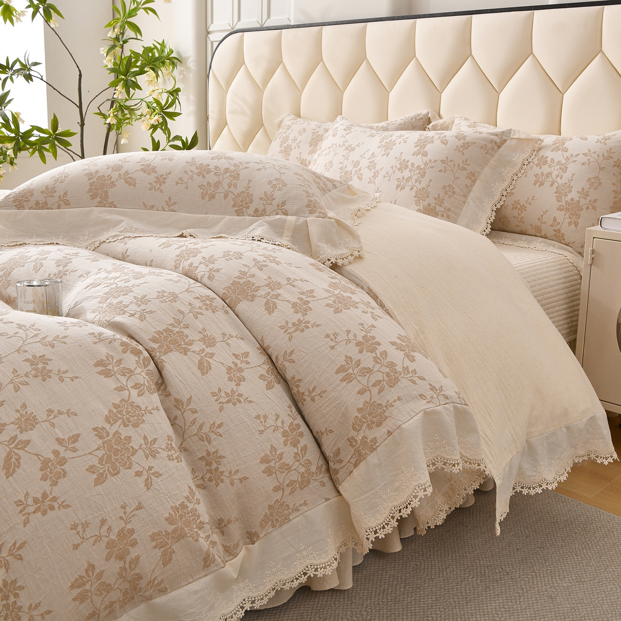 91家纺网 家纺一手货源 找家纺 金艾草 2026新款全棉纯棉A类棉麻提花床盖四件套法式大花边四件套 满园