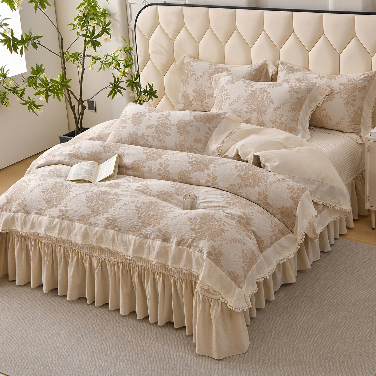 91家纺网 家纺一手货源 找家纺 金艾草 2026新款全棉纯棉A类棉麻提花床盖四件套法式大花边四件套 醒梦